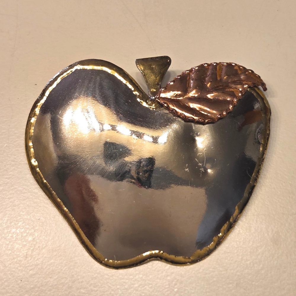 Vintage Apple Mixed Metals Brooch Pin Metallic Brass, Silver‎ & Copper Leaf